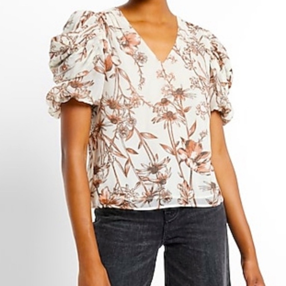Express Brown Floral V-Neck Blouse With Puff Drape Sleeves Size Small